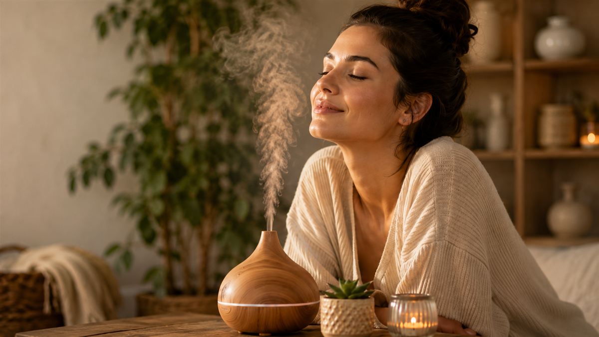 Frau entspannt zuhause neben einem Diffuser